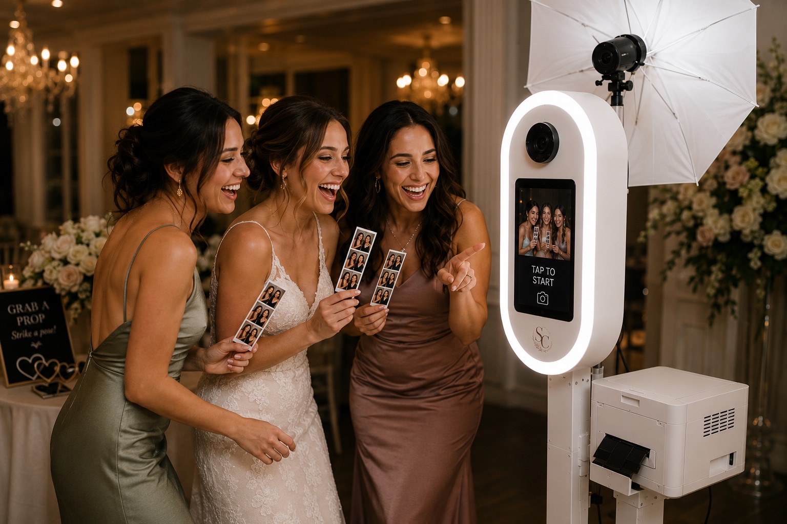 Bridesmaids laughing with photo strips at the booth