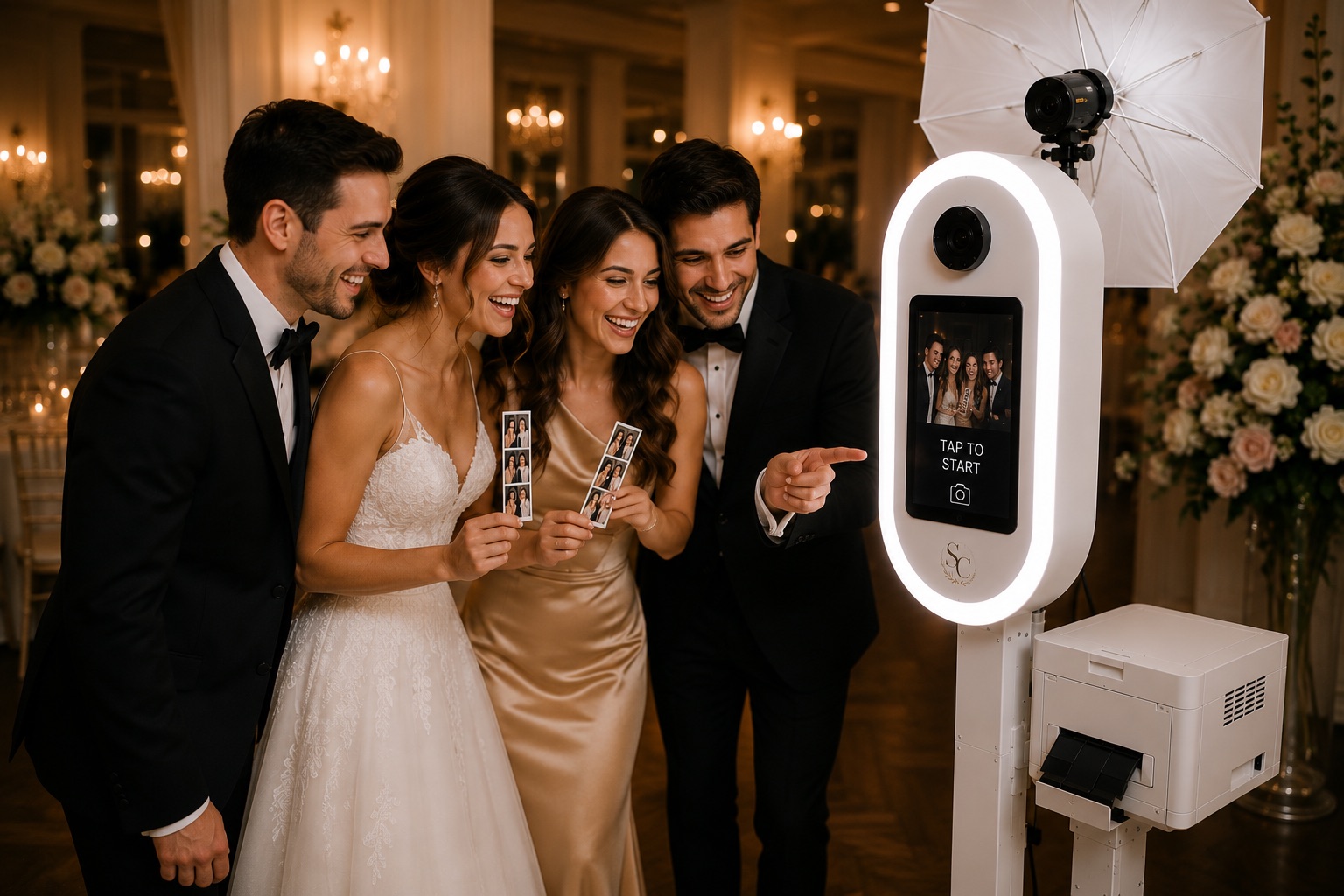 Wedding couple and guests at the photo booth