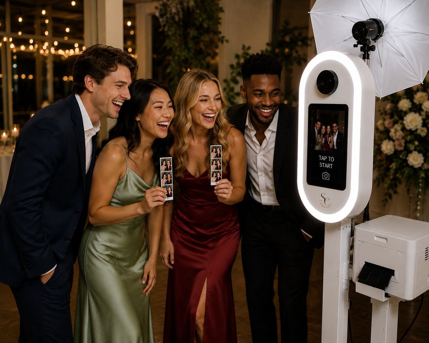 Friends laughing together at the booth